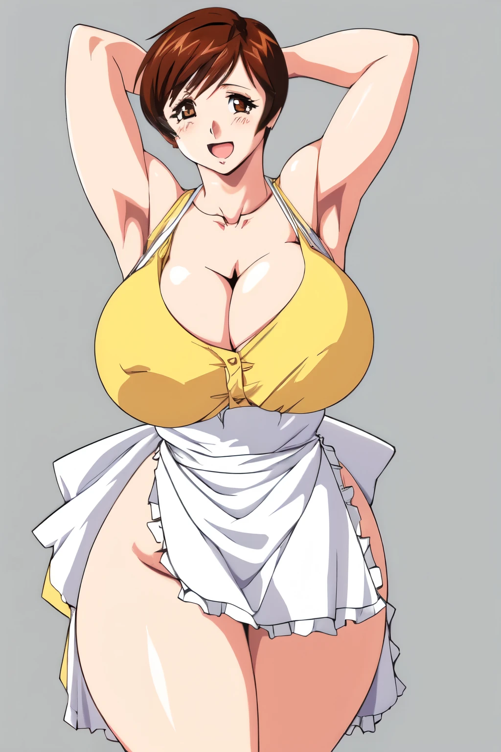 masterpiece, highest quality, High resolution, One girl, alone, sexual intercourse, Pornographic images, short hair, etsukoto, Brown eyes, fine grain, fine grain, (((Thick thighs, Plump thighs, Voluptuous thighs, Thighs alone are enough))), Huge and ample breasts, Cleavage, Huge long breasts, Naughty big,((Big breasts are important))、((Naughty thighs)), L Cup, (thin:1.4),(Tight waist:1.4), (Yellow Dress:1.4), ((white waist apron)), White panties, smile, open mouth, (((Simple Background))), ((Wide Hips)), Shiny, Oily skin, Mature mother, Calf, Seductive mature woman, Perfect body, Plus Size Model, etsukoto, blush, clavicle, retro artstyle, 1990s (style), stretching,