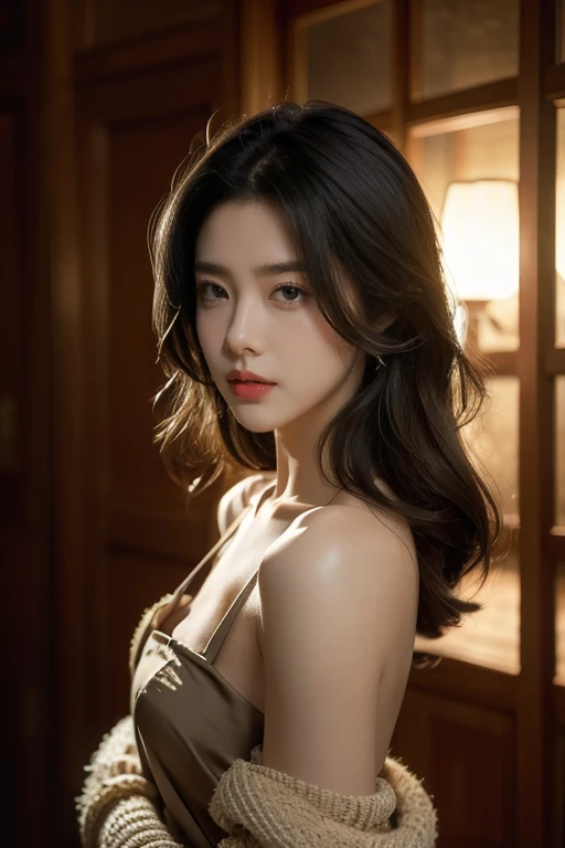 Best quality, masterpiece, Ultra-high resolution, (realistically:1.5), RAW photos, 1 cat, Lovely, in the dark night, deep shadow, low pitch, Cold Light, Sexy look,Shoulder length straight bob hair,Slim