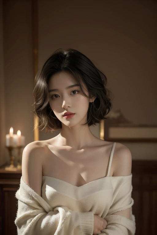 Best quality， masterpiece， Ultra-high resolution， （realistically：1.5）， RAW photos， 1 cat， Lovely， in the dark night， deep shadow， low pitch， Cold Light， Sexy look,Shoulder length straight bob hair,Slim