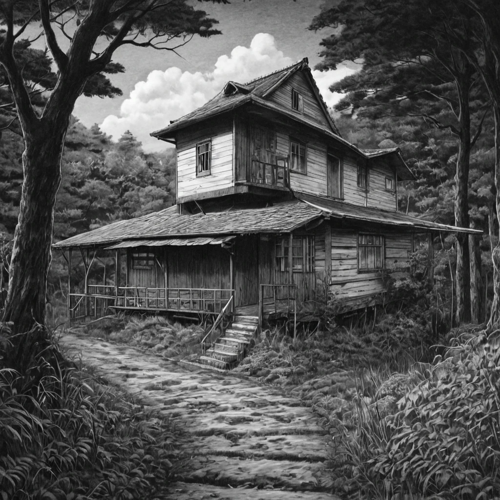 witch, house in the forest, (anime), bizarre scenario, Junji Ito, Yusuke Murata, black and white, 8k, anime, horror