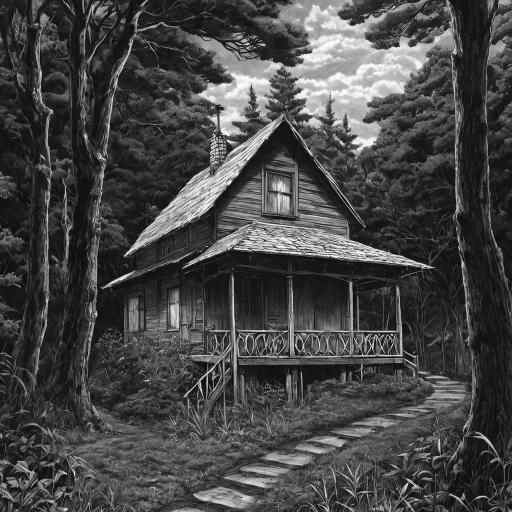witch, house in the forest, (anime), bizarre scenario, Junji Ito, Yusuke Murata, black and white, 8k, anime, horror