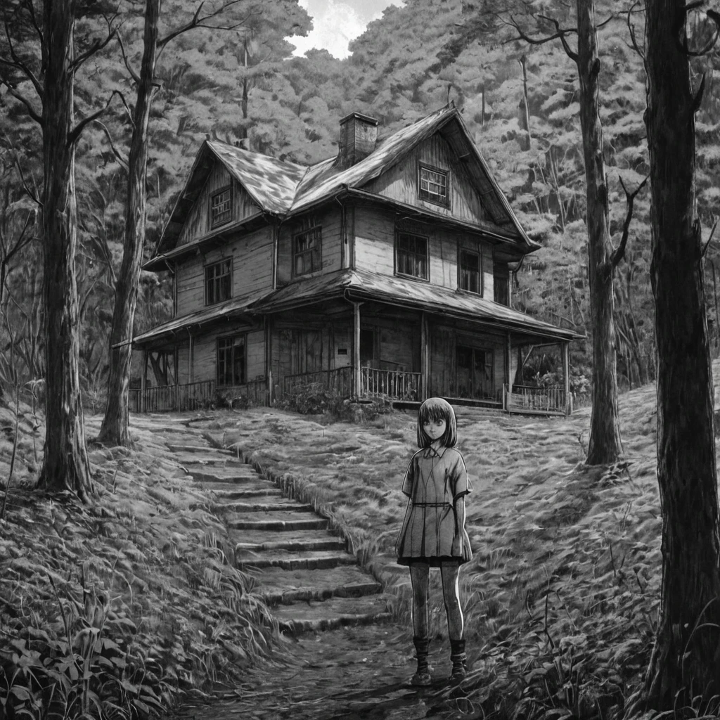 witch, house in the forest, (anime), bizarre scenario, Junji Ito, Yusuke Murata, black and white, 8k, anime, horror