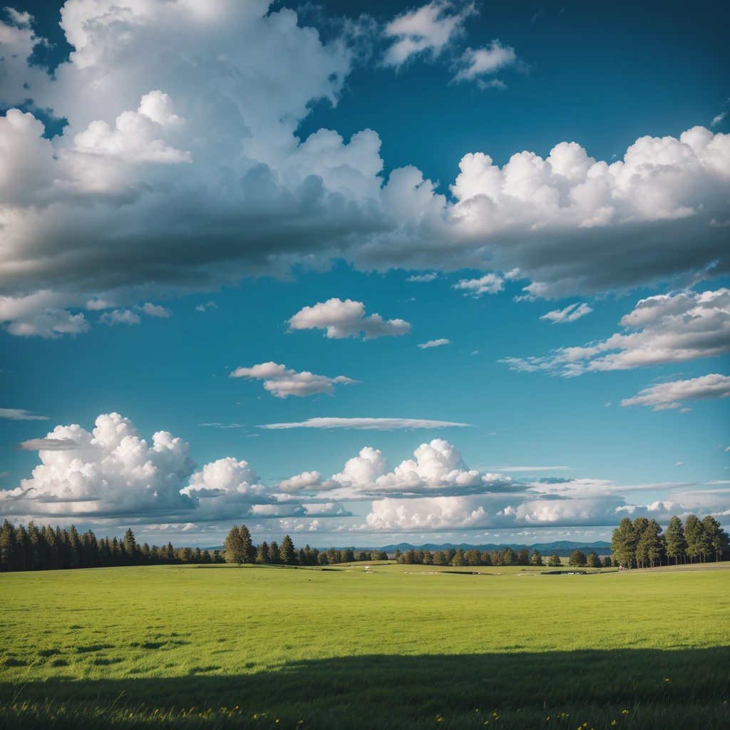 green landscape in a meadow with clouds and blue sky