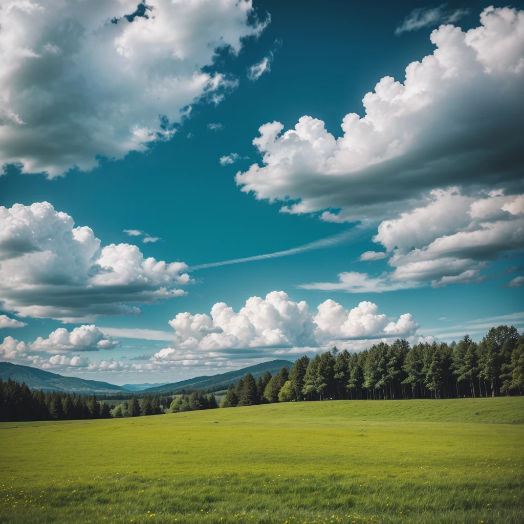 green landscape in a meadow with clouds and blue sky
