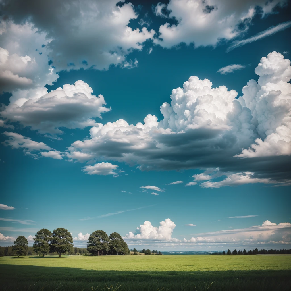 green landscape in a meadow with clouds and blue sky  