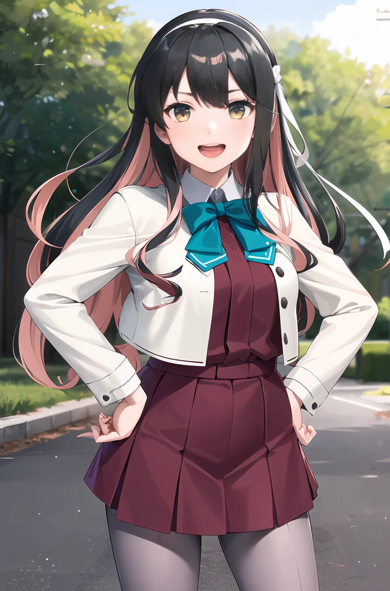 masterpiece, best quality, highres, hmngnm, naganami \(kancolle\), multicolored hair, white hairband, white jacket, purple dress, , grey pantyhose, aqua bowtie, long sleeves, cowboy shot, outdoors standing, hand on hip, smile, open mouth,