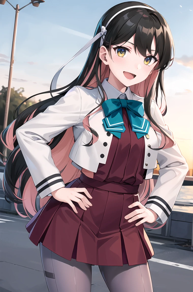 masterpiece, best quality, highres, hmngnm, naganami \(kancolle\), multicolored hair, white hairband, white jacket, purple dress, , grey pantyhose, aqua bowtie, long sleeves, cowboy shot, outdoors standing, hand on hip, smile, open mouth,