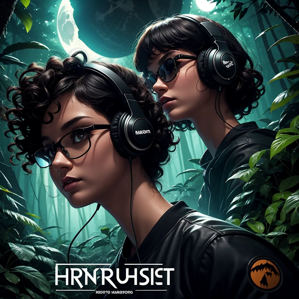 dark night at Amazon dense rainforest, podcast logotype, brunette, curly hair with bangs, young podcaster chubby woman wearing headphones with dark clothes, with dark heavy makeup, wearing glasses, podcast retro radio microphone, shadows in the background, Amazon Forest fauna, horror, mystical, 1990's art style, wide screen, high quality, moon behind, scary, horror, dark scenario
