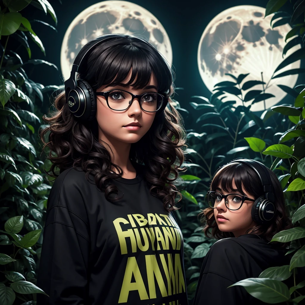 dark night at Amazon dense rainforest, podcast logotype, brunette, curly hair with bangs, young podcaster chubby woman wearing headphones with dark clothes, with dark heavy makeup, wearing glasses, podcast retro radio microphone, shadows in the background, Amazon Forest fauna, horror, mystical, 1990's art style, wide screen, high quality, moon behind, scary, horror, dark scenario