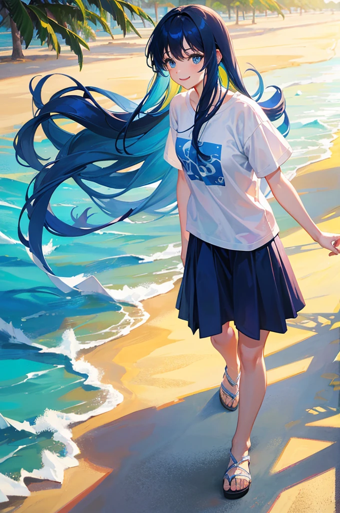 ２０Beauty of the Teenage、long hair、Blue hair color、Wearing a white T-shirt、Wearing a skirt、smile、looks fun、Walking on the sand、summer