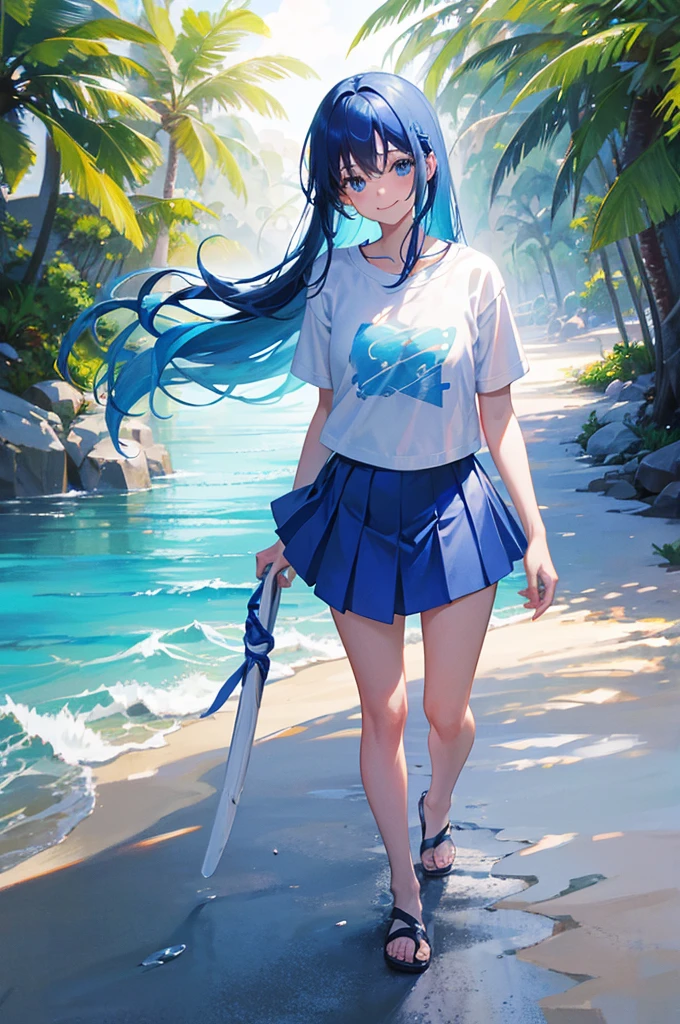 20Beauty of the age、long hair、Blue hair color、Wearing a white T-shirt、Wearing a skirt、smile、looks fun、Walking on the sand、summer
