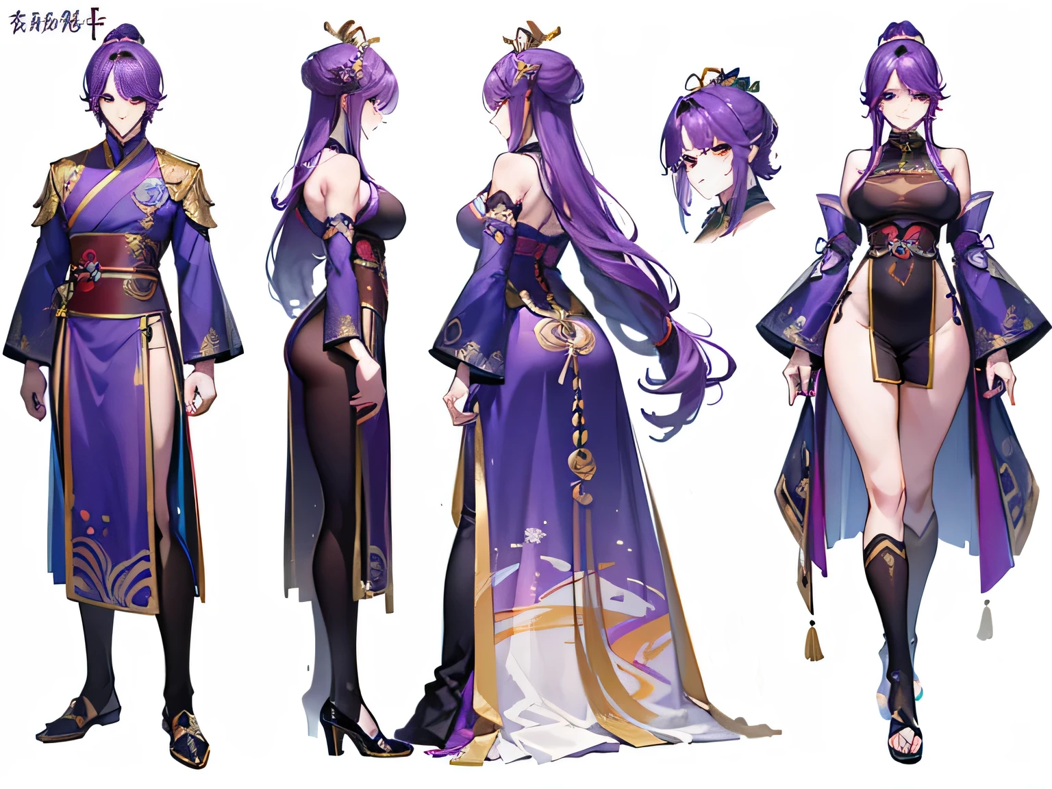 ((masterpiece, best quality)), Delicate face, Character Design Sheet， Full Body Love, Rich in details, body positivity, rear body view, Very detailed, depth, Many parts, Muscular man with long purple hair，Handsome man, Traditional Chinese costumes, Genshin Impact, Man is tall