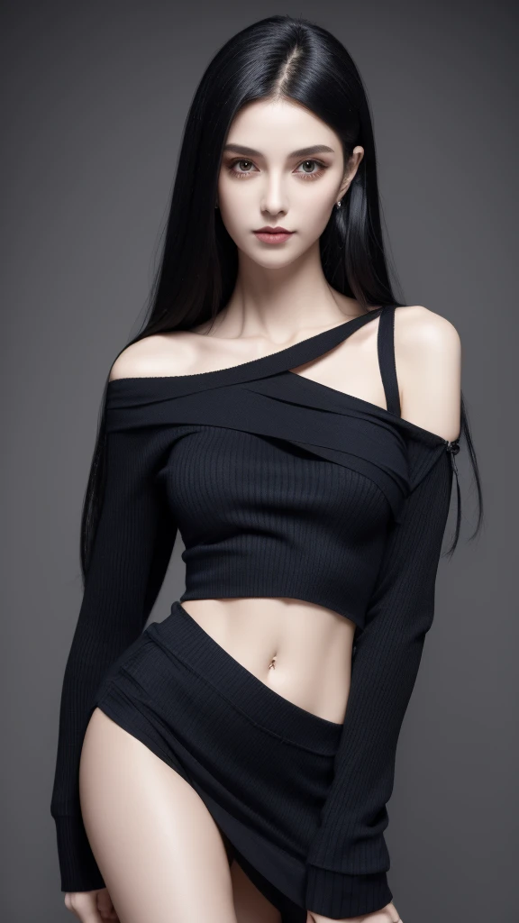 accessories,Gothic style,Quiet,Light makeup,Sexy,Peerless Beauty,Intellectual,clavicle,Neat long hair,Black Hair,Delicate face,Exquisite facial features,Sexy blue striped sweater,Full breasts,Navel,Navel,Stand Up Straight。