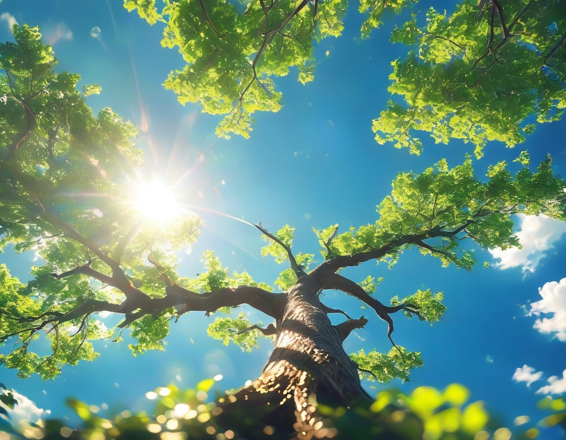 The tree's roots spread upwards into the bright blue sky, symbolizing the connection between earth and sky. Use low-angle shots to highlight the splendor of the tree and its roots. The lighting should be natural sunlight, with the sun providing soft shadows. Images must be highly detailed, sharply focused, and of very high quality without blur