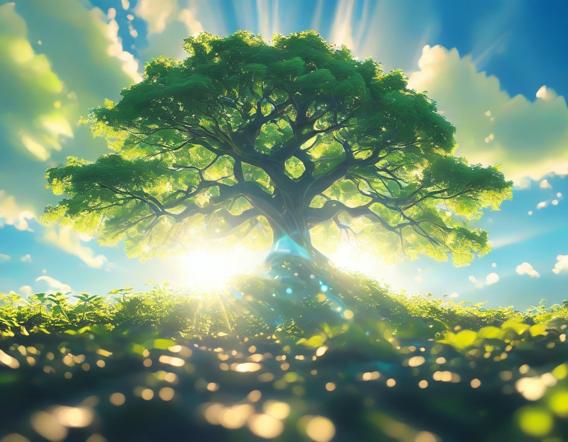 The tree's roots spread upwards into the bright blue sky, symbolizing the connection between earth and sky. Use low-angle shots to highlight the splendor of the tree and its roots. The lighting should be natural sunlight, with the sun providing soft shadows. Images must be highly detailed, sharply focused, and of very high quality without blur