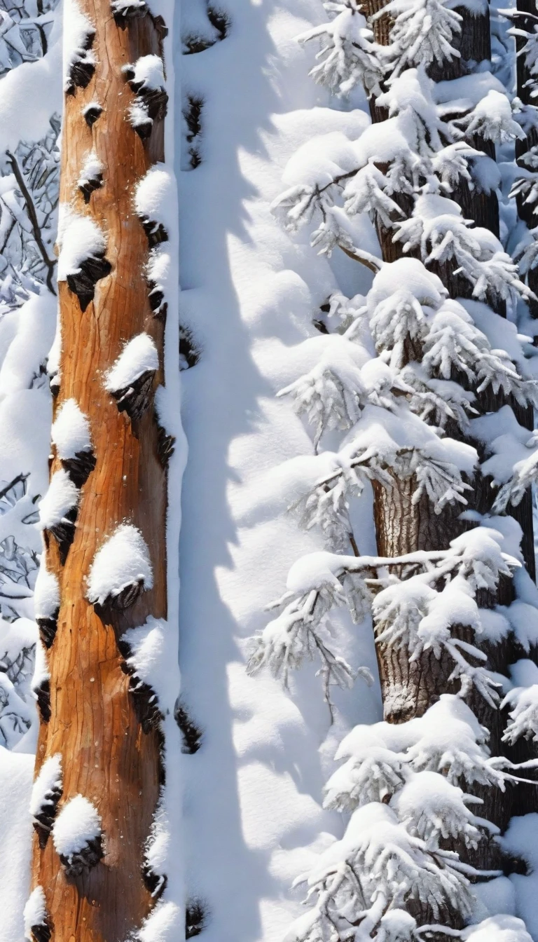 Generates an image of a tree trunk with a layer of snow on top. design sheet, rico en textura

