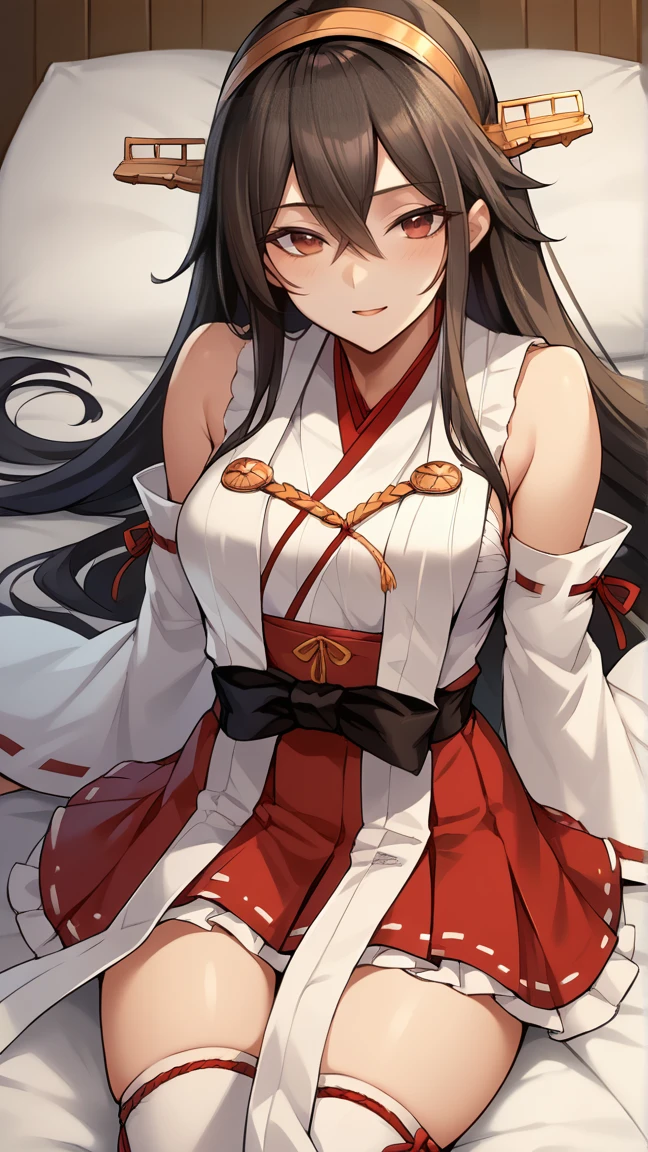score_9, score_8_up, score_7_up, source_anime, game cg, harunakainiKC, long hair, skirt, hair ornament,thighhighs, hairband, detached sleeves, japanese clothes, hairclip, red skirt, headgear, ribbon trim, nontraditional miko, ribbon-trimmed,smile,parted lips, HOTEL ON the bed