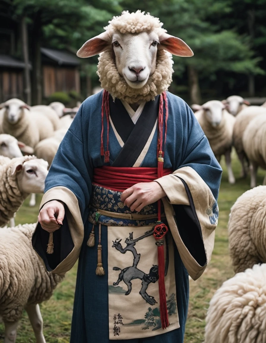Photo This image is、It depicts an anthropomorphized sheep with a human-like appearance.。. The sheep is dressed in a traditional Japanese sorcerer&#39;s costume, Reminiscent of traditional Japan., Adding a human-like appearance. I see the sheep&#39;s face, Showing that he has a black nose and ears, The contrast with the white fur is beautiful.. It looks like you&#39;re standing in front of a landscape, Possibly a garden or park, Background tree々As the presence of bushes suggests,. The overall style of the image is realistic, Great care has been taken in the depiction of the sheep&#39;s clothing and the natural elements behind them.. The picture does not carry any text. 