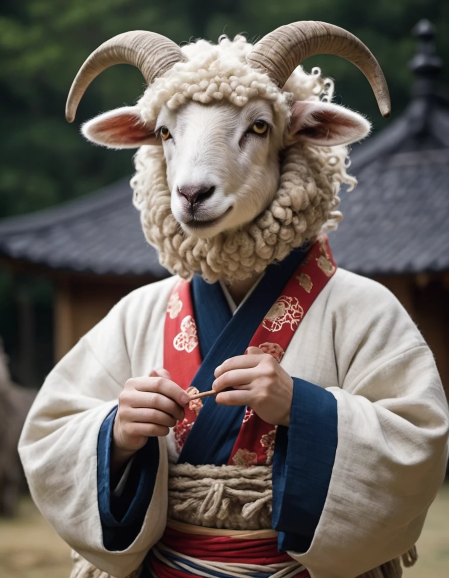 Photo This image is、It depicts an anthropomorphized sheep with a human-like appearance.。. The sheep is dressed in a traditional Japanese sorcerer&#39;s costume, Reminiscent of traditional Japan., Adding a human-like appearance. I see the sheep&#39;s face, Showing that he has a black nose and ears, The contrast with the white fur is beautiful.. It looks like you&#39;re standing in front of a landscape, Possibly a garden or park, Background tree々As the presence of bushes suggests,. The overall style of the image is realistic, Great care has been taken in the depiction of the sheep&#39;s clothing and the natural elements behind them.. The picture does not carry any text. 