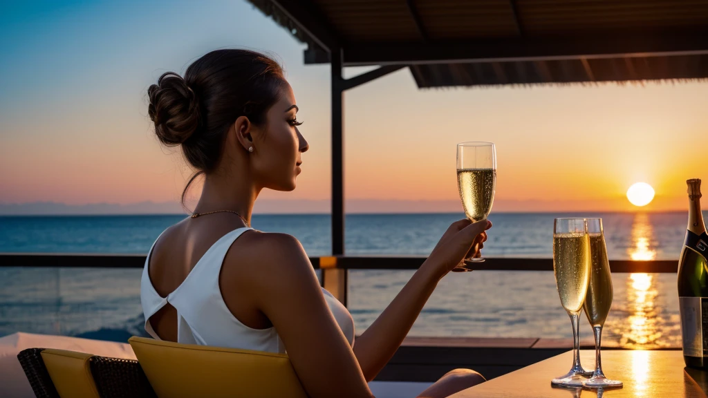 Beautiful woman sitting on a chair and drinking champagne, Rear view, sunset, 4K, photograph