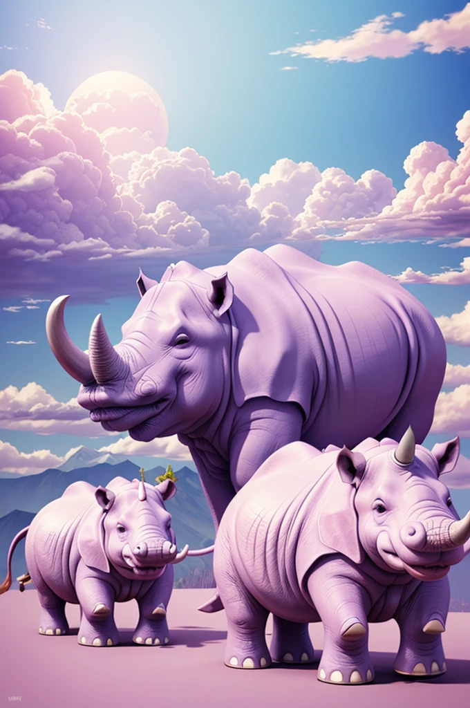 Create an anime style, a chubby purple hippo, and white cute rhino and a pink elephant with cute little tusks traveling together