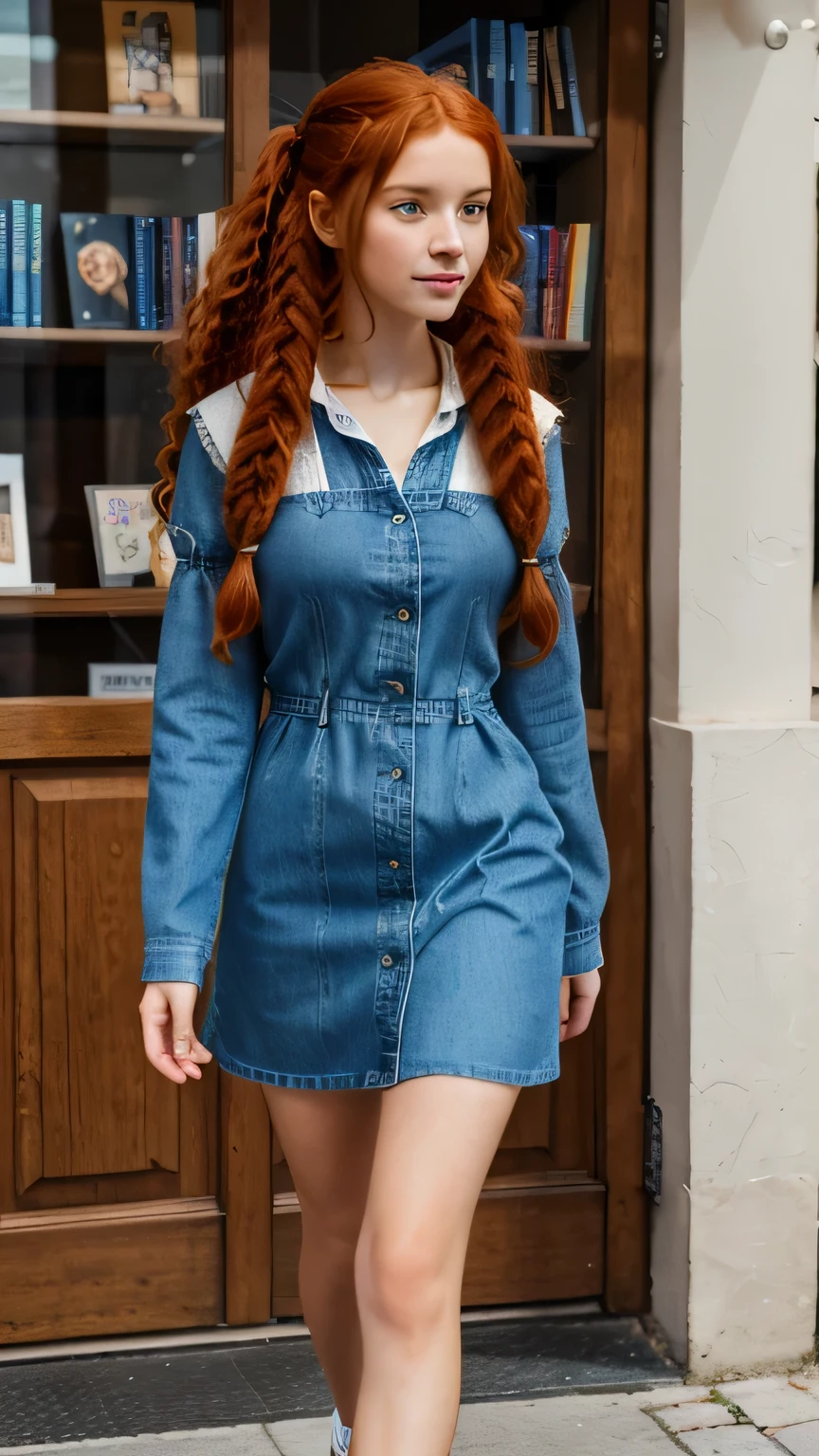 8K, (Best quality), masterpiece, very detailed, (realistic), Young woman, ((long very curly red hair)), buys a new notebook at the bookstore, Dressed in a denim dress, Sneakers on her feet, two ponytails on the head, which are braided, Young woman стоит полубоком