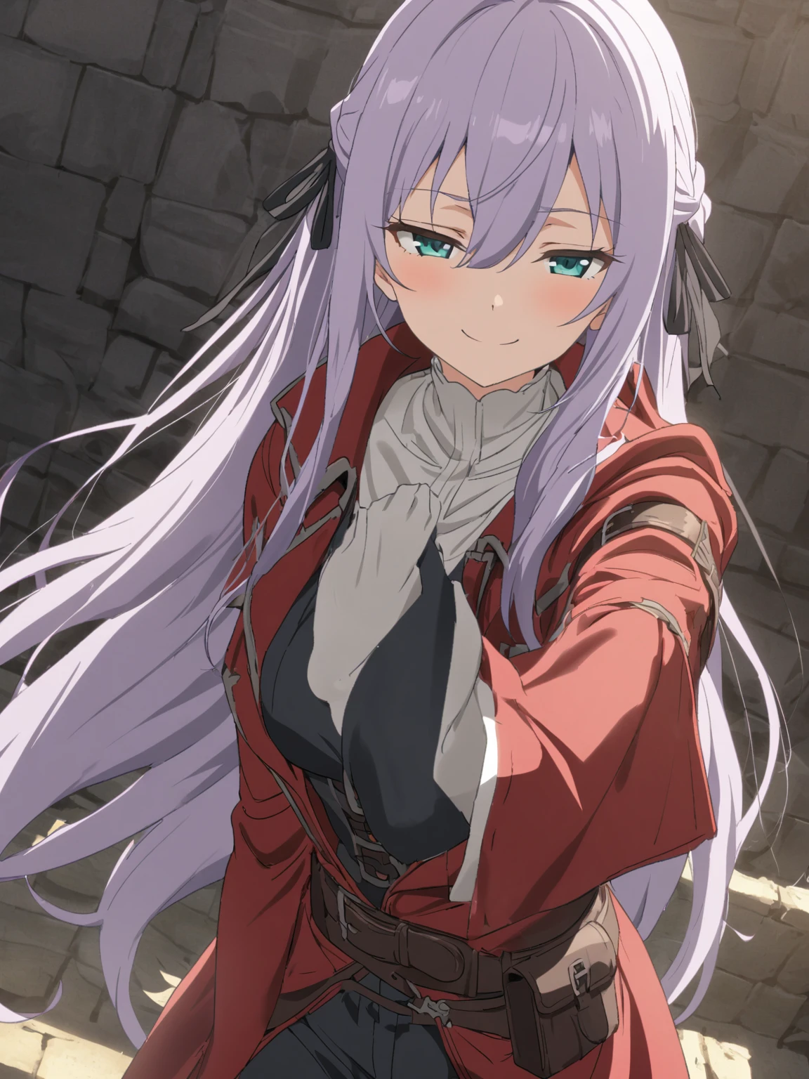 {{upper body, dutch angle}} {{Artist: sincos}} 1girl, solo, eye focus, (lavender hair:1.3), hair between eyes, aqua eyes, long bangs, very long hair, medium breasts, smile, half-closed eyes, hair ribbon, leather belt pouch, pose, (black military uniform), (red overcoat:1.3), black pants, white gloves, black vest, white shirt, pov, medieval fantasy.