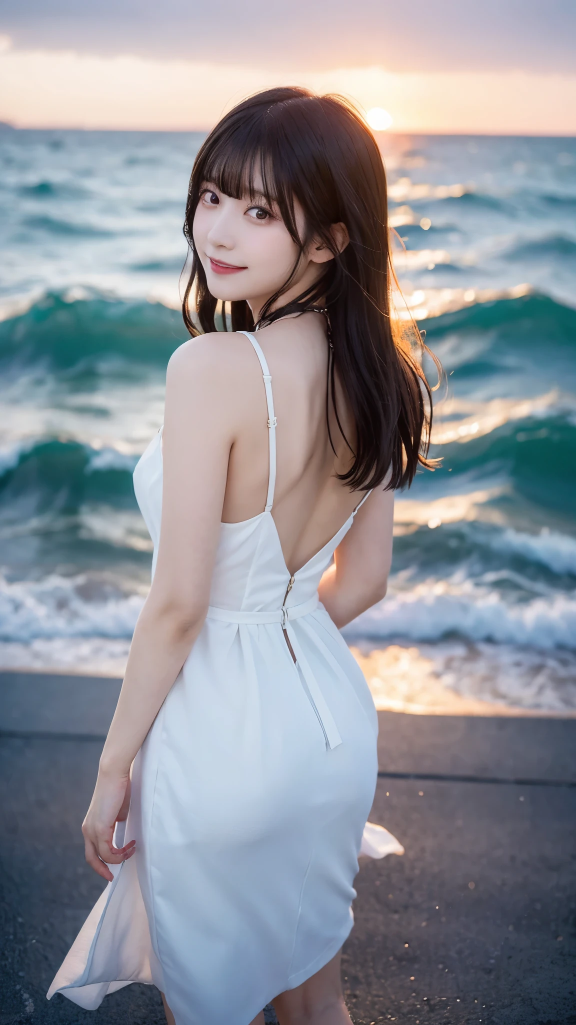 (top-quality,8K,​masterpiece:1.3),(超A high resolution,Photorealsitic:1.4,RAW shooting),(ultra-detailliert,Caustics,perfect anatomia),(hyper detailed background,Ultra-realistic capture,beautifully detailed eyes),Stand on the pier above the sea,turned around,Backshots,Looking at the camera,1 girl,japanes,20yr old,kawaii,smil,pretty black hair,Long hair fluttering in the wind,White Dress,BREAK,beautiful ocean,,at the sunset,Sunset sky,(Sunset over the horizon),Water surface reflecting the setting sun,Magic Hour,Back lighting,The dim,pale light