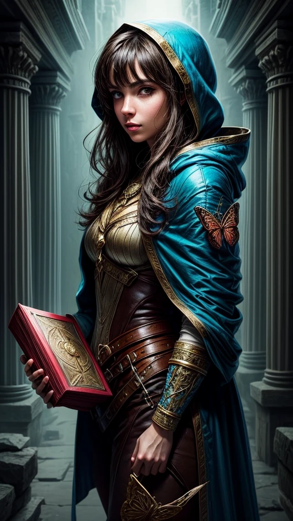 Speed painting of portrait of a fantasy female brunette human adventurer, with a blue hood, in a temple, D&D character, holding with both hands a large magic book with butterfly on the book cover