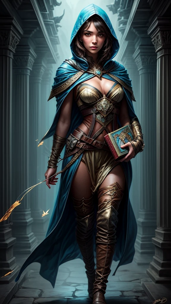 Speed painting of portrait of a fantasy female brunette human adventurer, with a blue hood, in a temple, D&D character, holding with both hands a large magic book with butterfly on the book cover