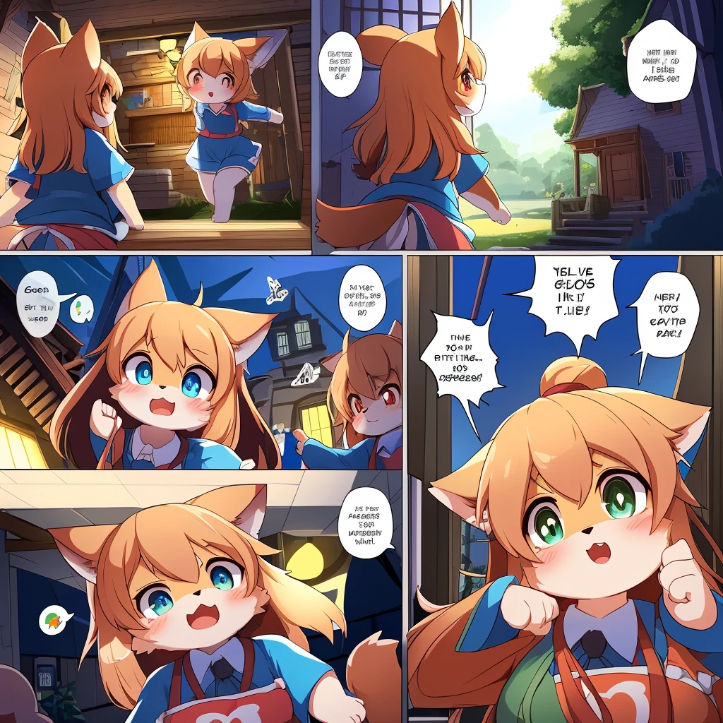 top quality, best quality, highres, masterpiece, super high resolution, detailed background, furry boys, furry girls, absurdres(highly detailed beautiful face and eyes)perfect anatomy, good lighting, cinematic shadow(kemono, furry anthro)scared expressions, assorted poses, assorted angles, full body, upper shot, dynamic angle,(girls comic-like panel layouts, speech balloon, English text, Hand-drawn sound effects stickers used in girls comic), Running From The Ghosts, Haunted House, Very Very Cute Comic