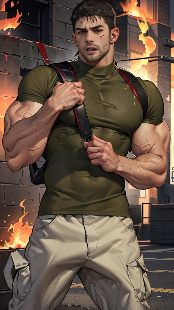 (Create a masterpiece: 1.2),(CGI art:1.3),(realistic:1.5),(After processing:1.3),(Sharp focus:1.3), (Chris Redfield), Shocked, open mouth wide, Arms beside the body, straight, front ,,(black hair), smile open mouth, (Wear color olive green round neck T-shirt: 1.5), (with a Police badge: 1.2), olive green cargo, black glove, (blood splatters) ,( abrasions on face: 1.2), (Blood stains on the face and body: 1.2), Korean guy , korean men, (High gloss details), chest muscles, large arm muscles, blood vessel, Big muscles, Broad shoulders, looking at the audience, Balancing the eyes, middle of the road , (Carrying a black backpack: 1.3) ,walk to camera ,(Fire blazes behind)