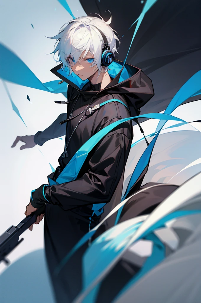 Young adult, Male, white hair, blue Eyes, African American skin color, black jumpsuit, headphones, Armed.
