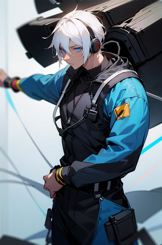 Young adult, Male, white hair, blue Eyes, African American skin color, black jumpsuit, headphones, Armed.