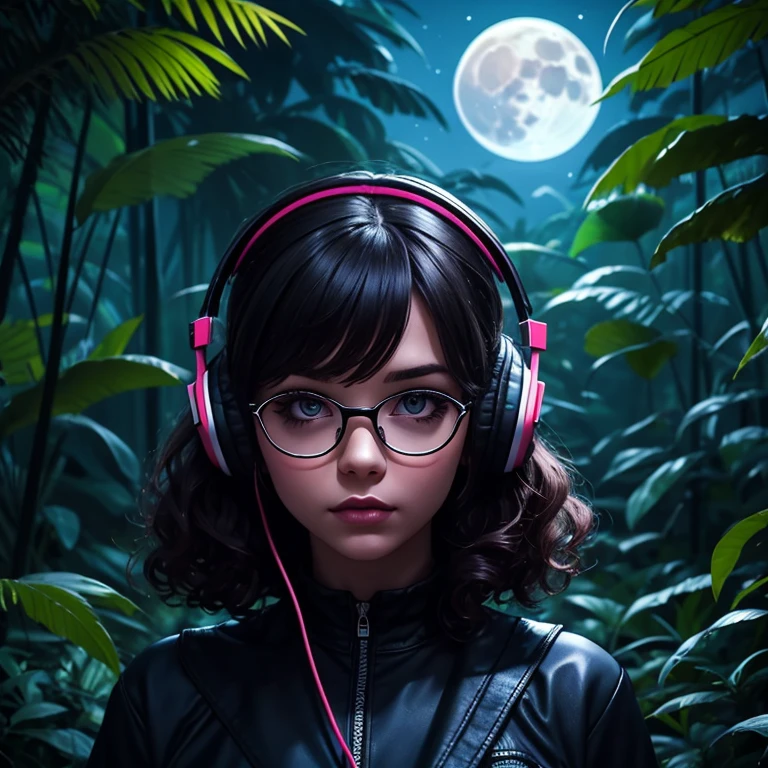 dark night at Amazon dense rainforest, podcast logotype, brunette, curly hair with bangs, young podcaster chubby woman wearing headphones with dark clothes, with dark heavy makeup, wearing glasses, podcast retro radio microphone, shadows in the background, Amazon Forest fauna, horror, mystical, 1990's art style, wide screen, high quality, moon behind, scary, horror, dark scenario