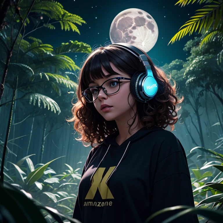 dark night at Amazon dense rainforest, podcast logotype, brunette, curly hair with bangs, young podcaster chubby woman wearing headphones with dark clothes, with dark heavy makeup, wearing glasses, podcast retro radio microphone, shadows in the background, Amazon Forest fauna, horror, mystical, 1990's art style, wide screen, high quality, moon behind, scary, horror, dark scenario