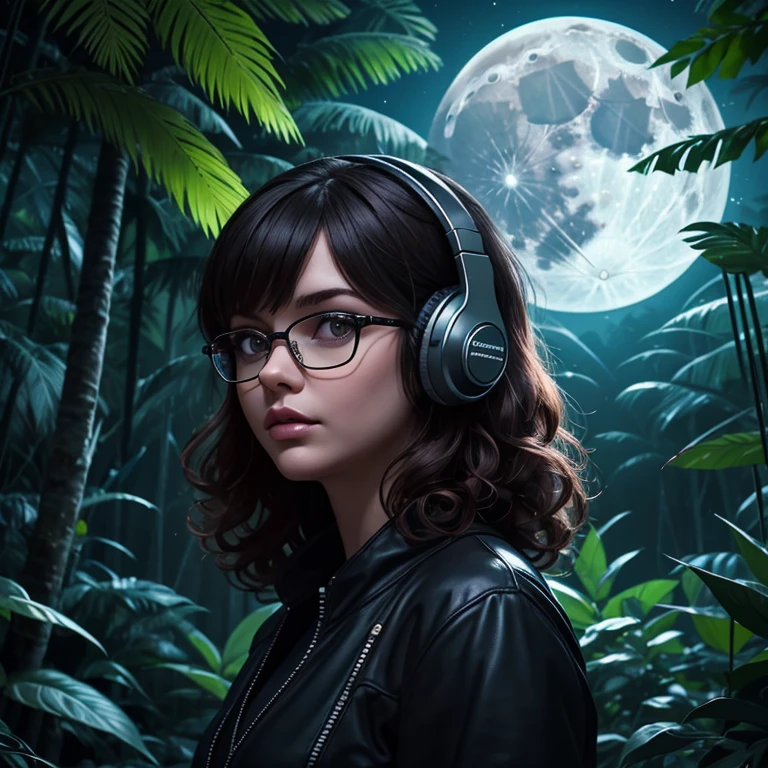 dark night at Amazon dense rainforest, podcast logotype, brunette, curly hair with bangs, young podcaster chubby woman wearing headphones with dark clothes, with dark heavy makeup, wearing glasses, podcast retro radio microphone, shadows in the background, Amazon Forest fauna, horror, mystical, 1990's art style, wide screen, high quality, moon behind, scary, horror, dark scenario