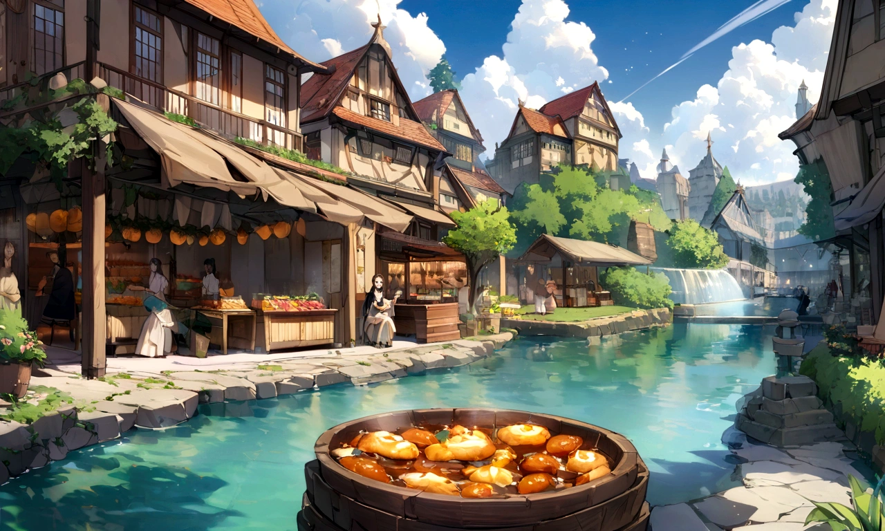 ((((masterpiece, Best Quality, High resolution)))), High detail, manga，anime，Illustrated style，Use of bright colors，Ghibli Studio「Howl&#39;s Moving Castle」The colors are like those used in daytime scenes., Medieval European fantasy worldview, Türkiye, Pamukkale, Hot Spring Square, A naturally occurring lake like a pool, sunlight, There is a beautiful fountain in the center、Sparkling water gushes out in the sunlight., Large space, Bustling food stalls,Lots of food stalls，There is no one，Ghibli Studioの魔女の宅急便のような雰囲気， RPG-like scenery, Colorful stalls selling delicious looking foods, The sky is bright blue、Fluffy white clouds floating, And the sun is shining brightly, Create a magical and cozy atmosphere, Bright daytime atmosphere.