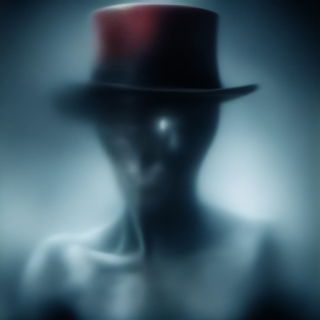 Photograph of an alien, translucent skin, dentes pingando sangue vermelho,, veias mostrando sob sua pele, Escuro, omnimy, top hat on the head, fundo branco