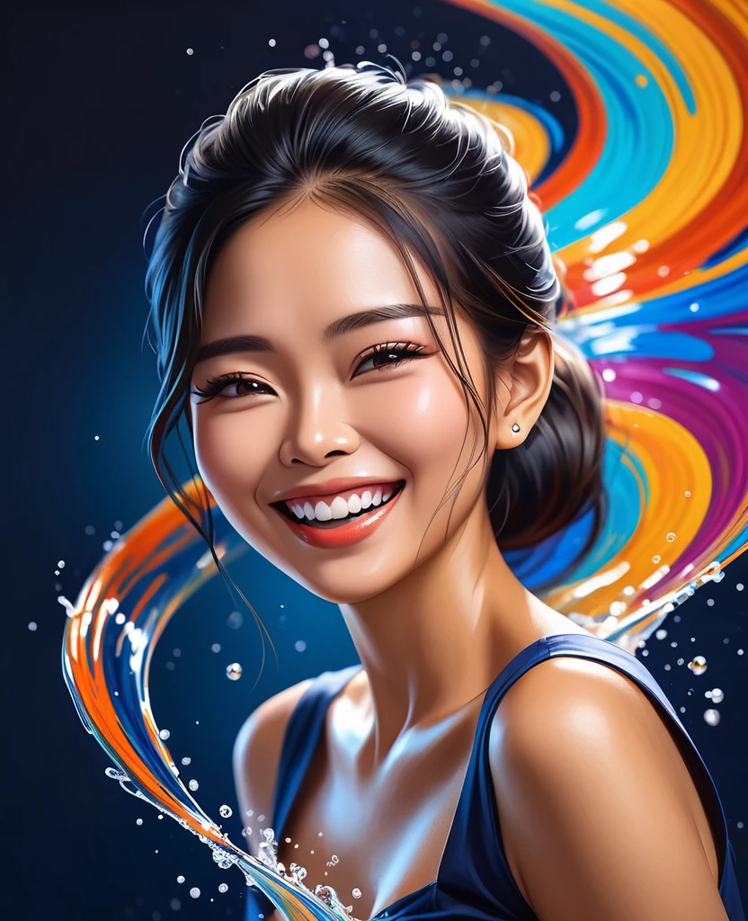 A realistic image of a smiling Thai woman splashing colors that swirl in circles like Jupiter.. Gorgeous colors,dark blue background