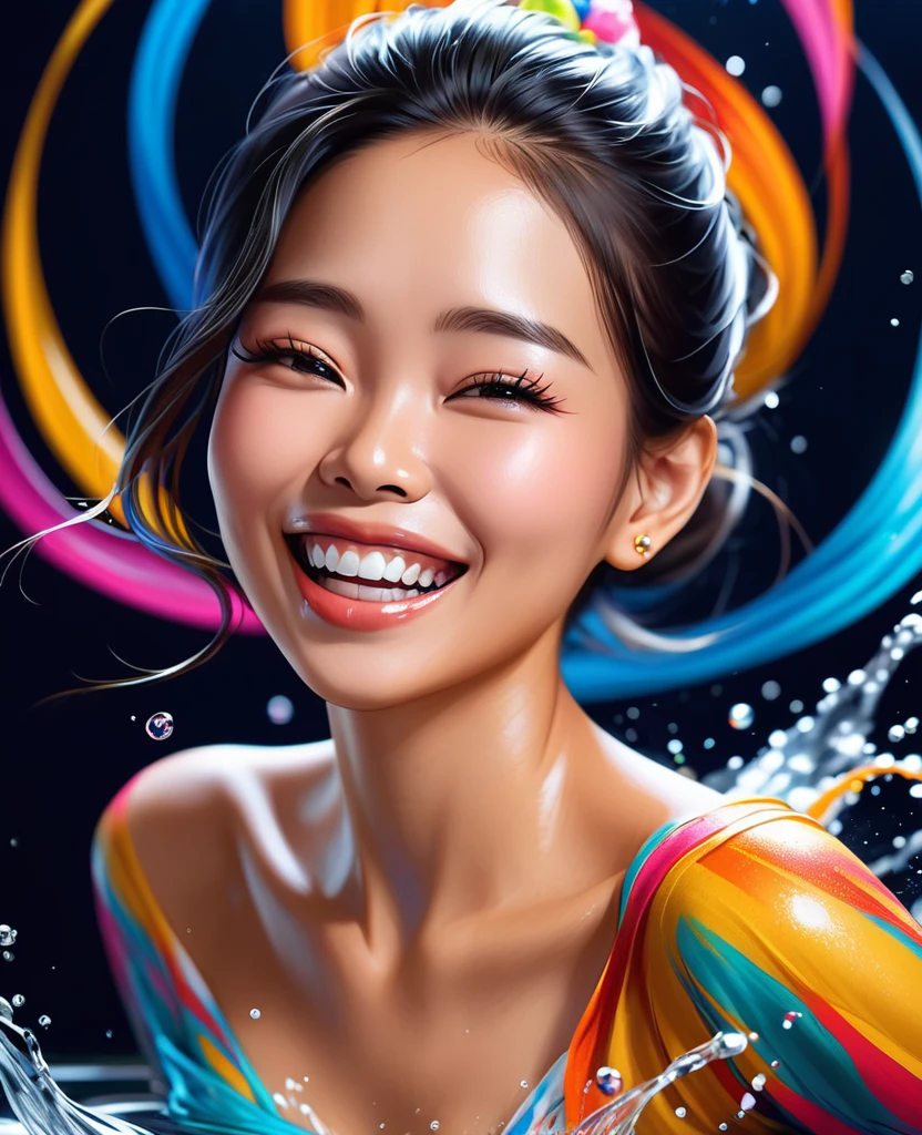 A realistic image of a smiling Thai woman splashing colors that swirl in circles like Jupiter.. Gorgeous colors,dark blue background