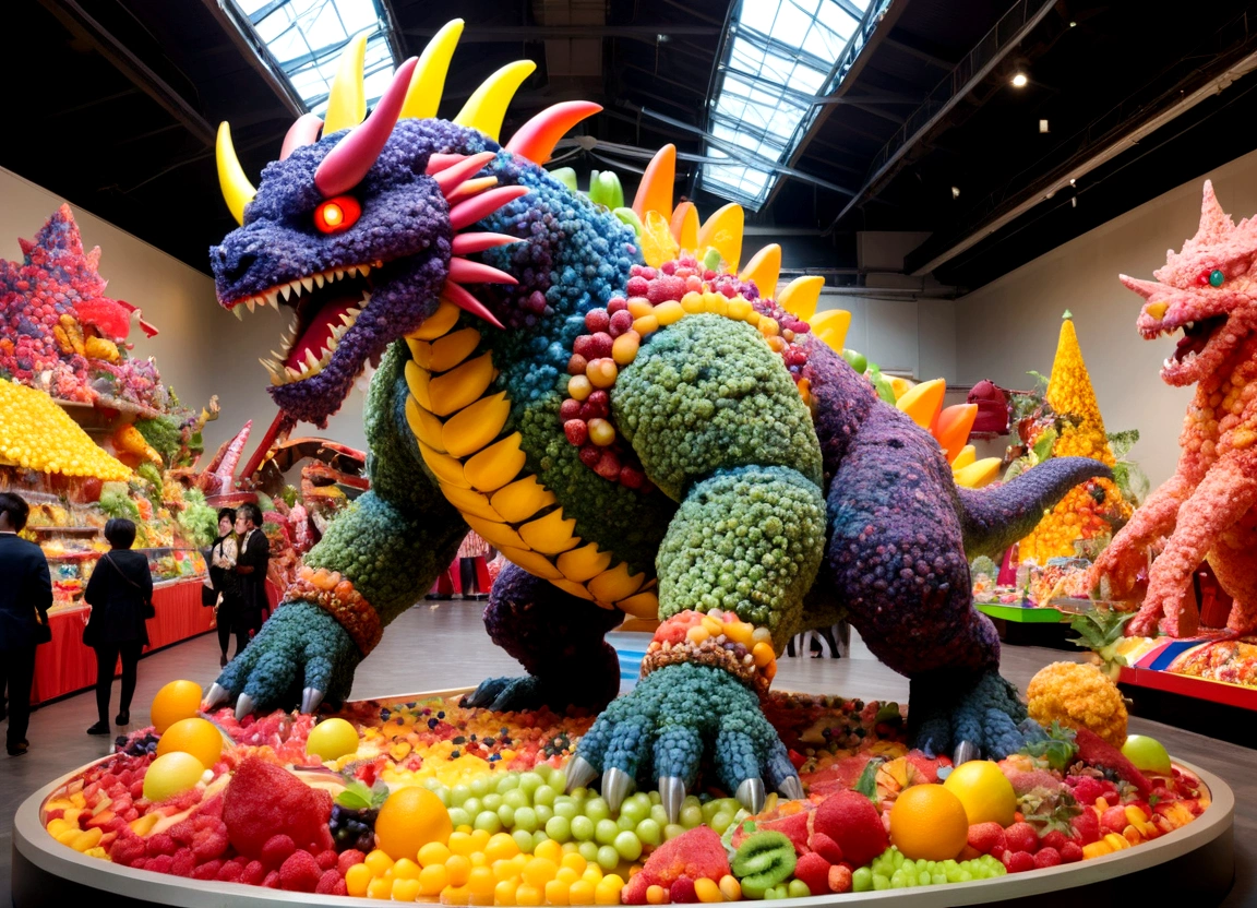 Giant Kaiju made of bright bits of fruit salad battle in a candy land Tokyo, Steam Punk styling