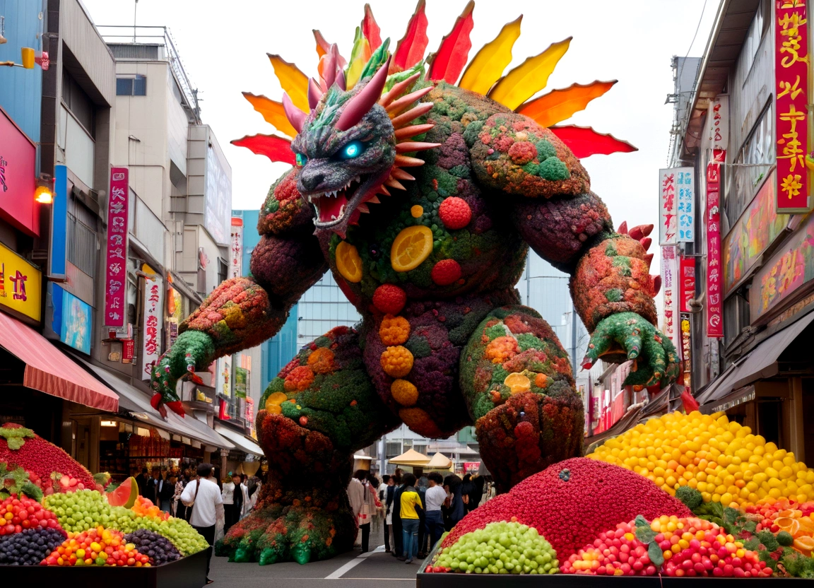 Giant Kaiju made of bright bits of fruit salad battle in a candy land Tokyo, Steam Punk styling
