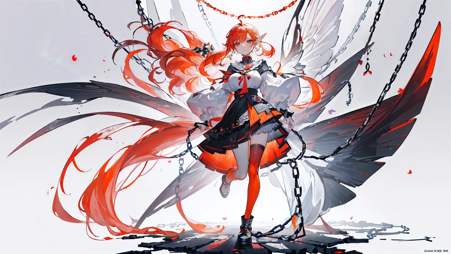 (Super detailed)),((illustration)),((masterpiece)),(((need))),((fine、Highest quality CG Unity 8K wallpapers,masterpiece),((4k,masterpiece,best quality)),Woman with short orange hair,Rainbow eyes,Tall,Sexy body,Big breasts,Pointed ears,Elf,cold,In an empty dream,Black and White,Black and White相间的女仆装,Black shoes,Under the skirt is decent clothing,Hanging red-hot chains in the air,Chains sticking out from the ground,Tied by chains,There are fallen leaves under my feet,Colorful butterflies,Colorful wings,Standing in the middle,Chains on hands,Red leg ring,Red collar,A rainbow across the sky,Red heart hanging from a chain,Full body picture