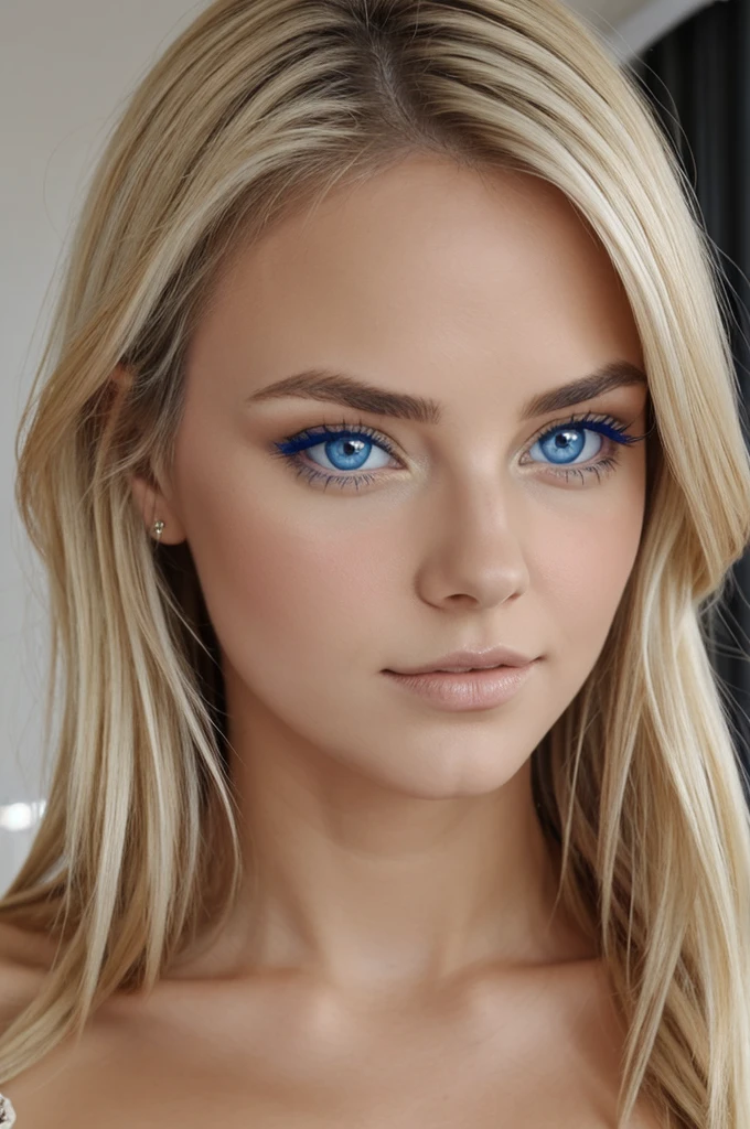 Fille sexy, mince, blonde au yeux bleu clair, nue, vue entiere, vagin raser bien visible