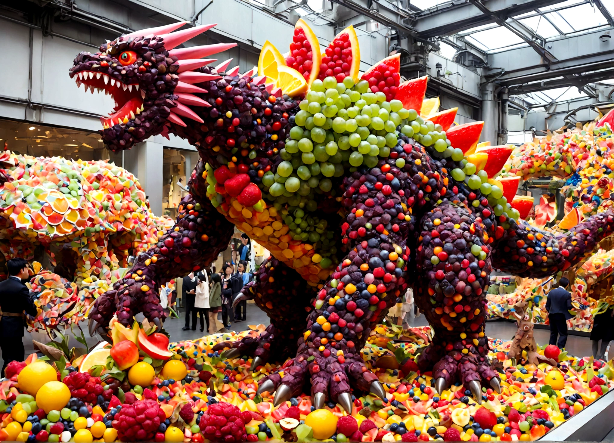 Giant Kaiju made of bright bits of fruit salad battle in a candy land Tokyo, Steam Punk styling