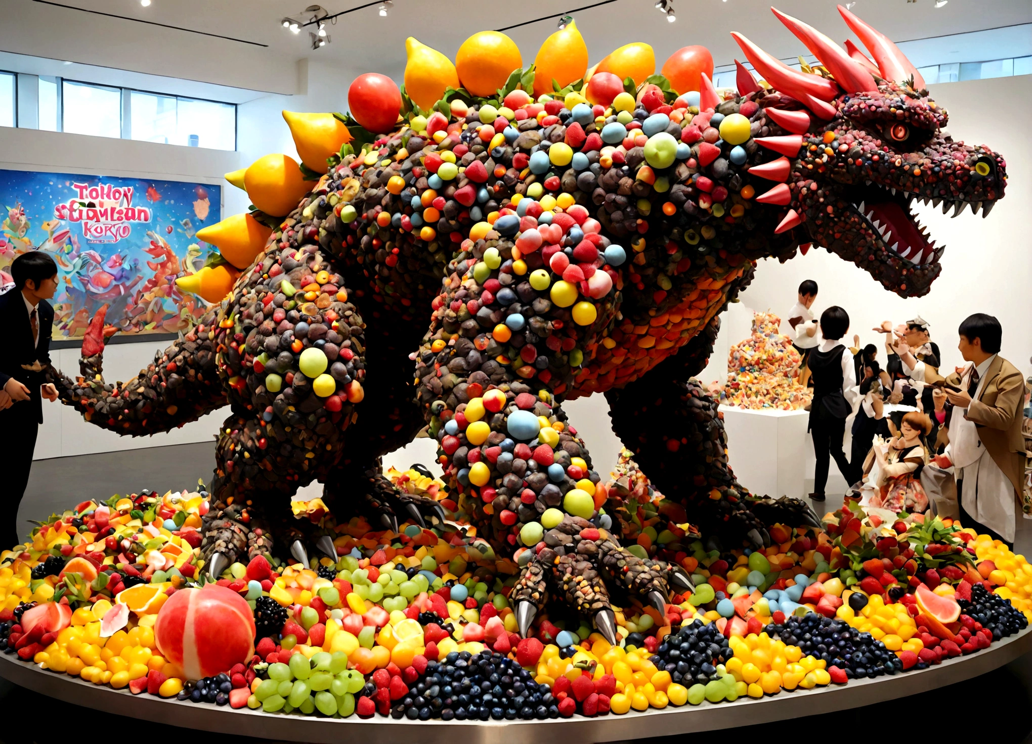 Giant Kaiju made of bright bits of fruit salad battle in a candy land Tokyo, Steam Punk styling