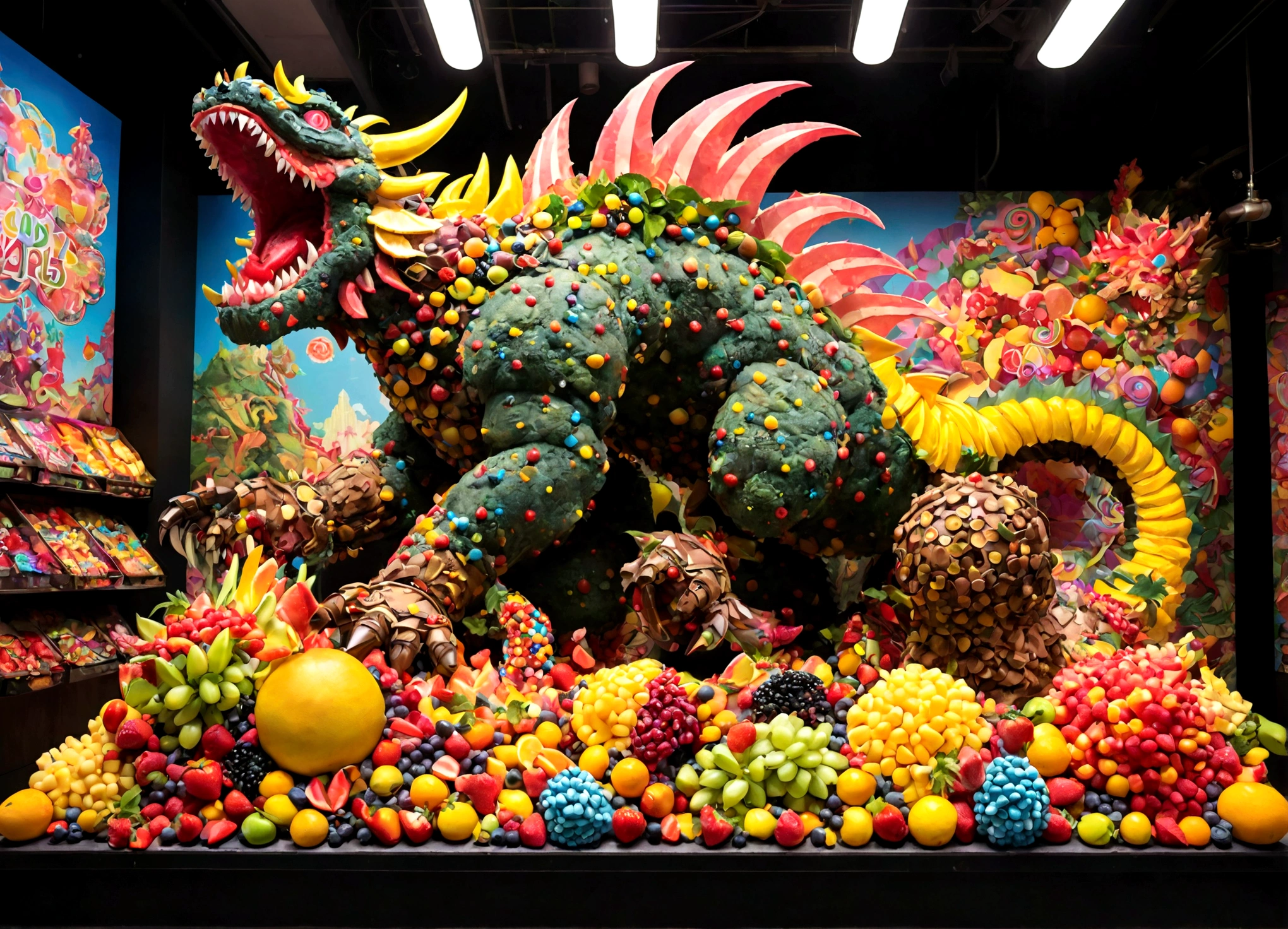 Giant Kaiju made of bright bits of fruit salad battle in a candy land Tokyo, Steam Punk styling