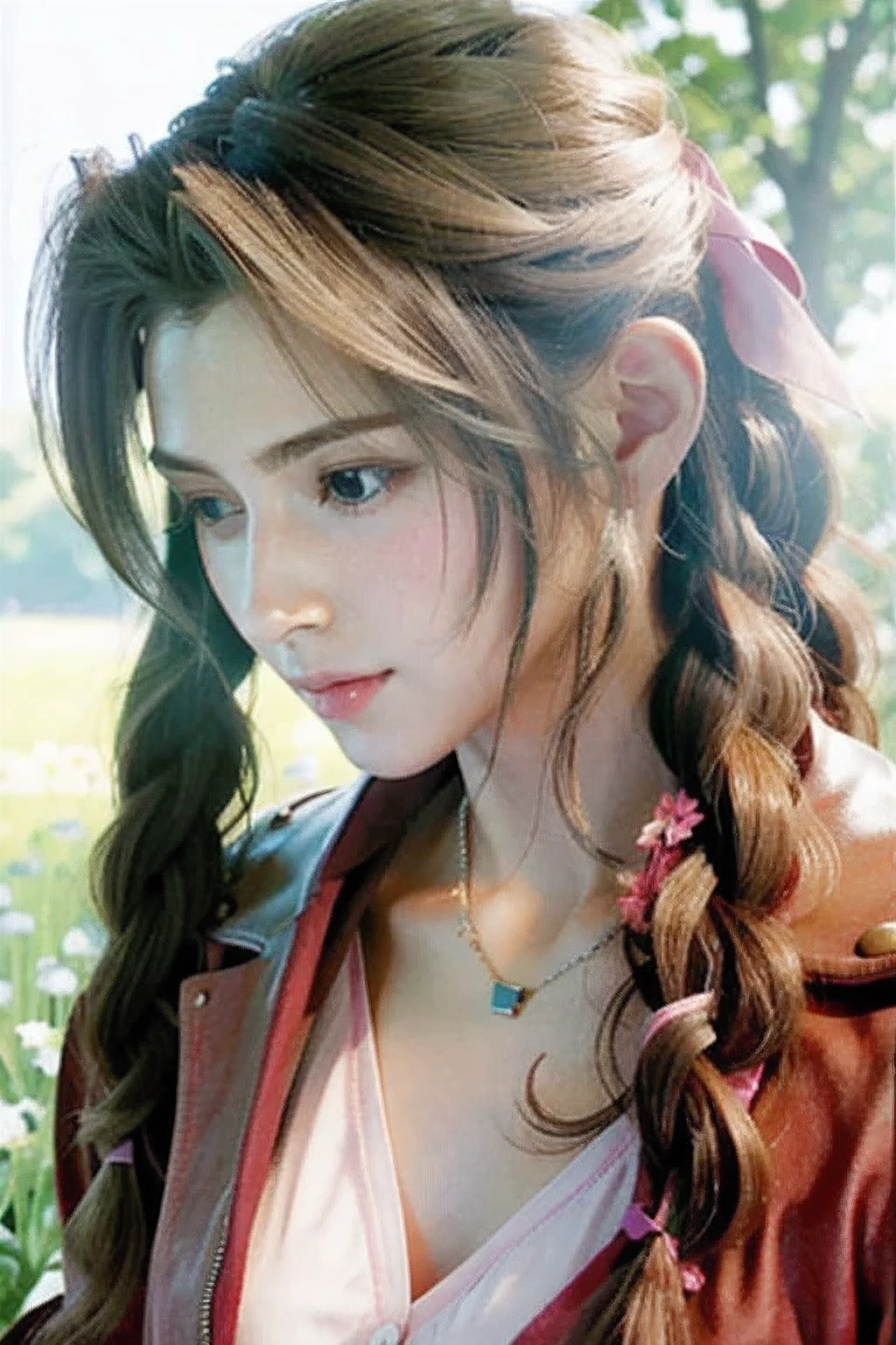 (masterpiece, highest quality)
Aeris FF7, 1 girl, alone, long hair, chest, looking at the viewer, large chest, brown hair, dress, bow, ribbon, jewelry, medium chest, green eyes, Jacket, hair ribbon, Braid, flower, short sleeve, hair bow, side lock, parted lips, open clothes, bracelet, From the side, open Jacket, lips, Depth of the bounds written, white flower, pink dress, red Jacket, cropped Jacket, Braided ponytail, realistic, nose, dappled sunlight