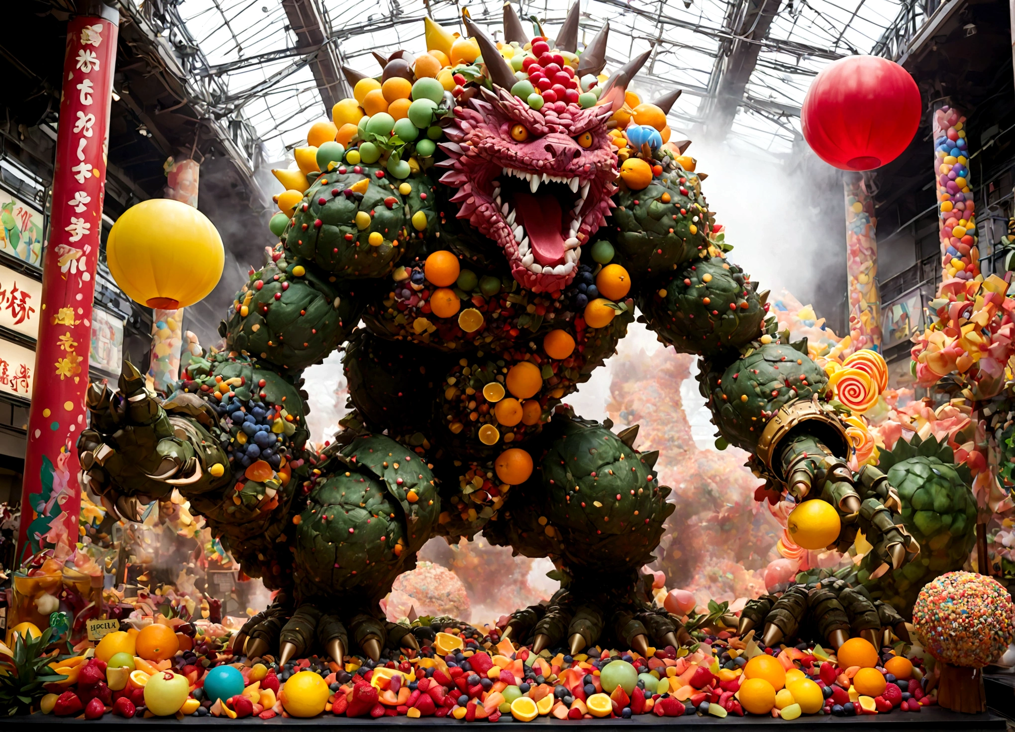Giant Kaiju made of bright bits of fruit salad battle in a candy land Tokyo, Steam Punk styling
